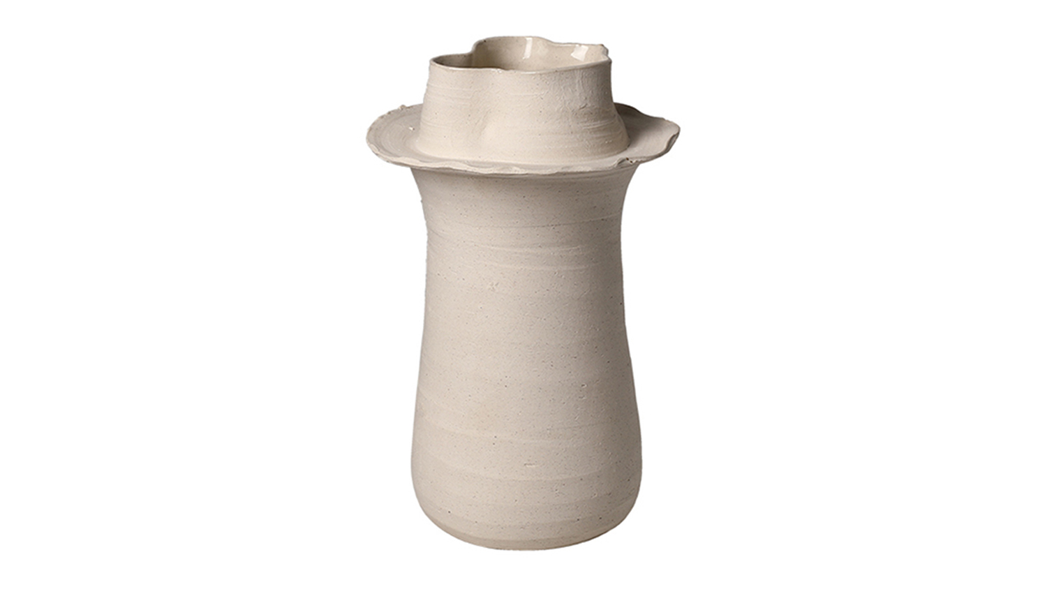 A decorative vase with a unique shape and natural-toned finish