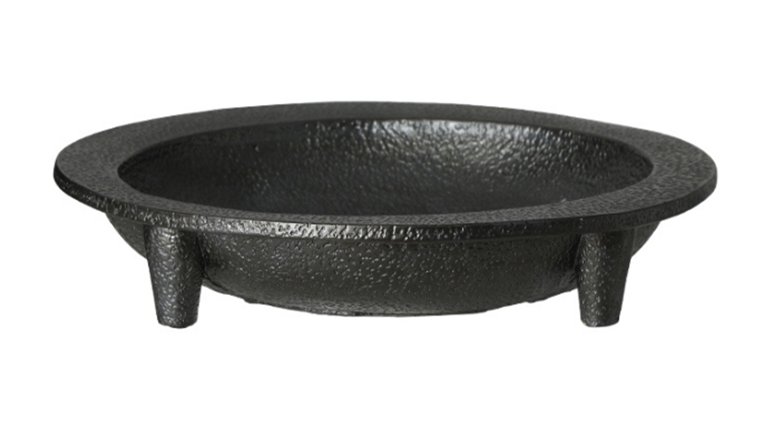 A detailed view of a large, round, and black decorative bowl with a textured finish and three short, tapered legs