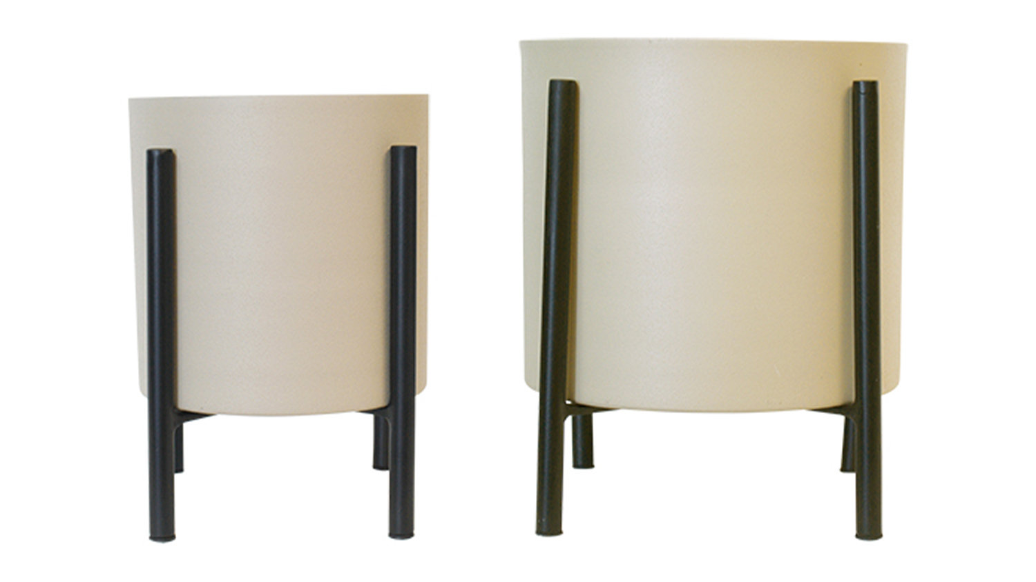 A matching pair of minimalist planters, featuring a simple beige design with a contrasting dark metal stand
