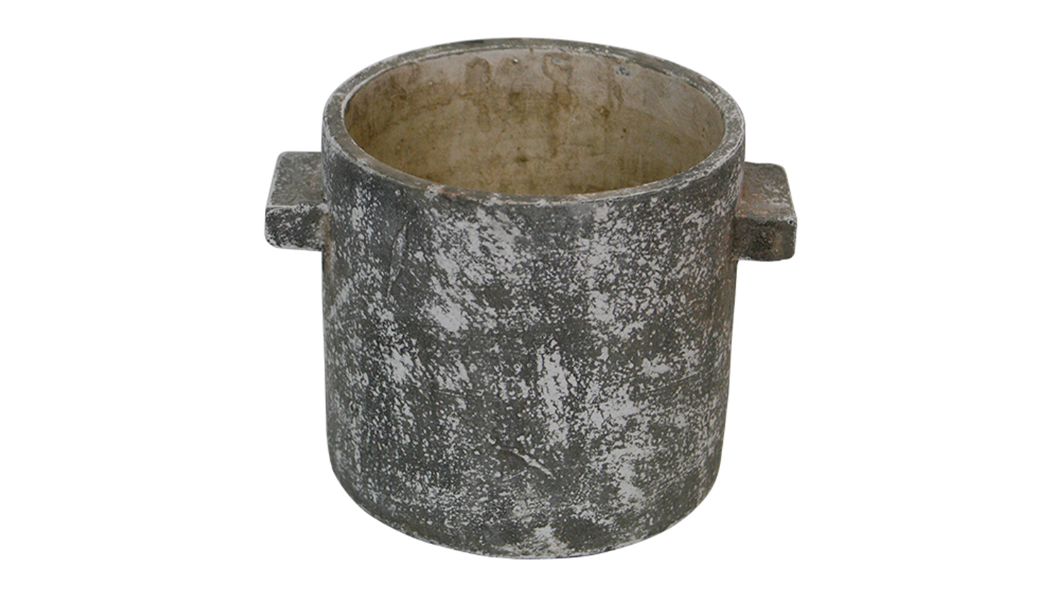 An industrial-style planter with rustic finish and handles