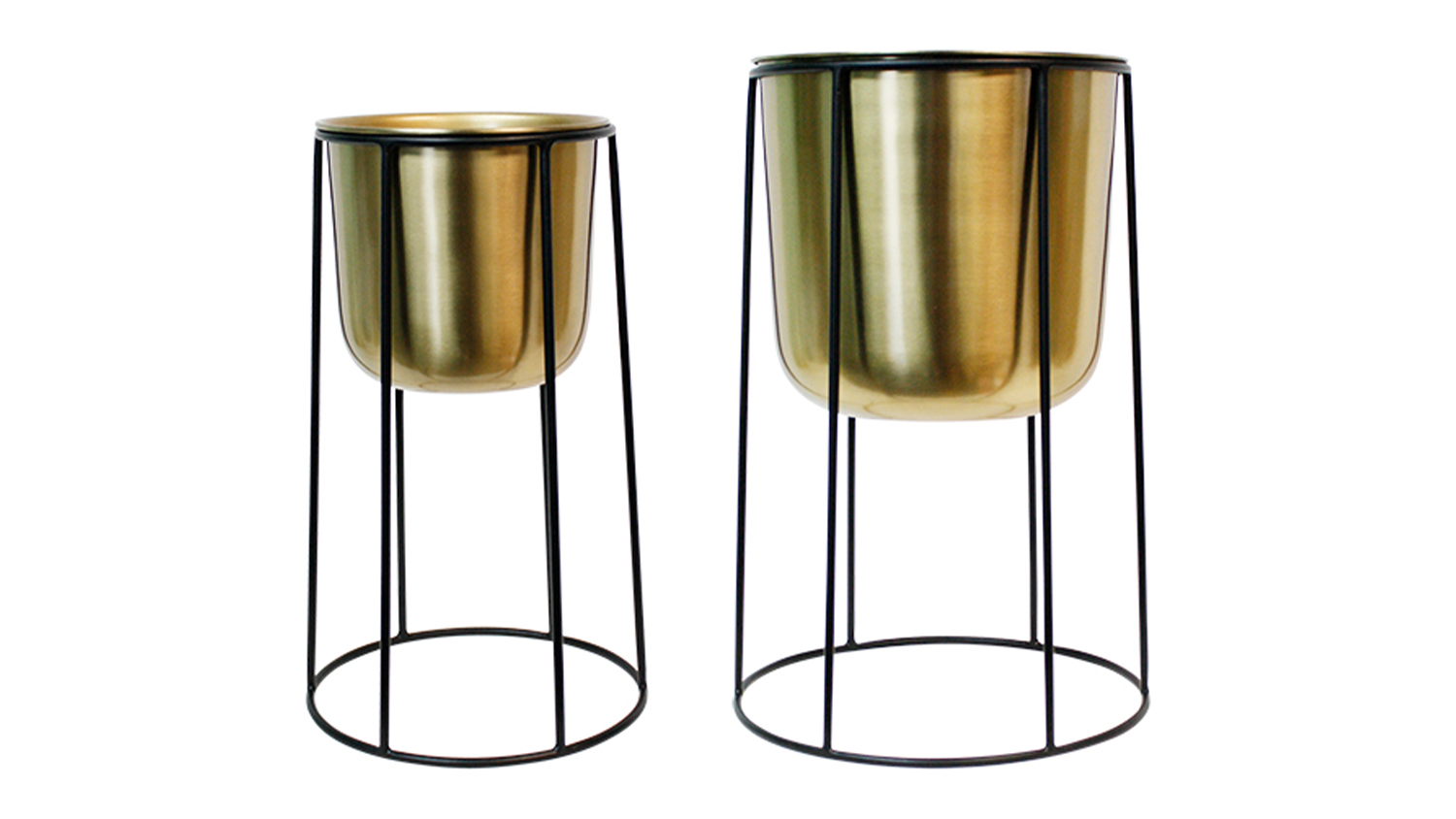 A set of modern plant stands with gold-toned cylindrical pots and minimalist black metal frames