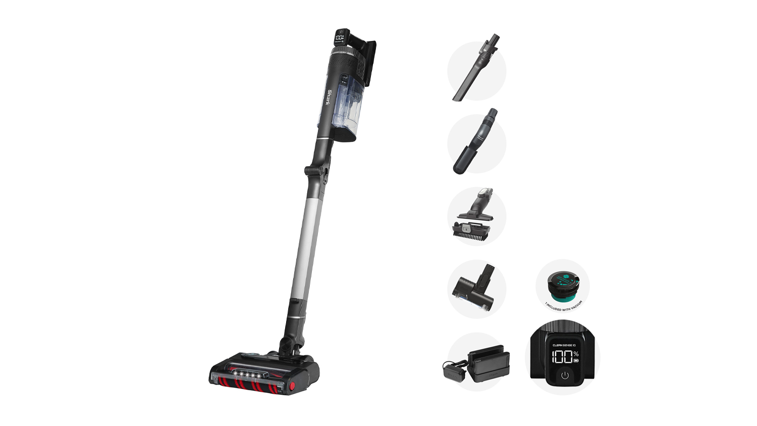 The Shark Stratos Pet Pro Handstick Vacuum Cleaner is shown with all included attachments and accessories.