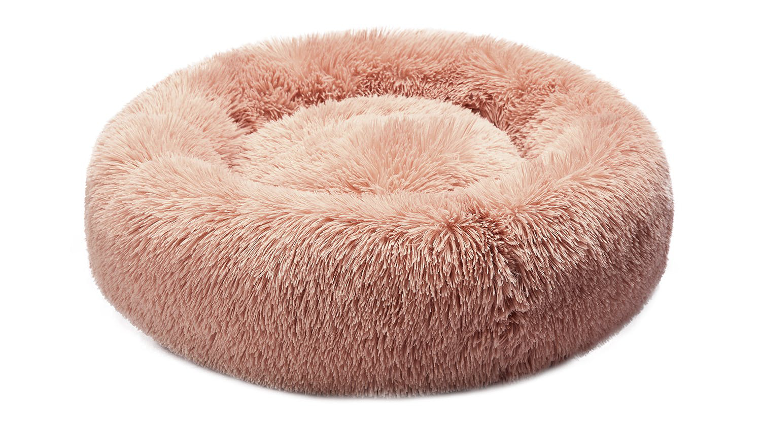 A round, plush, pink pet bed with a soft, fluffy texture.