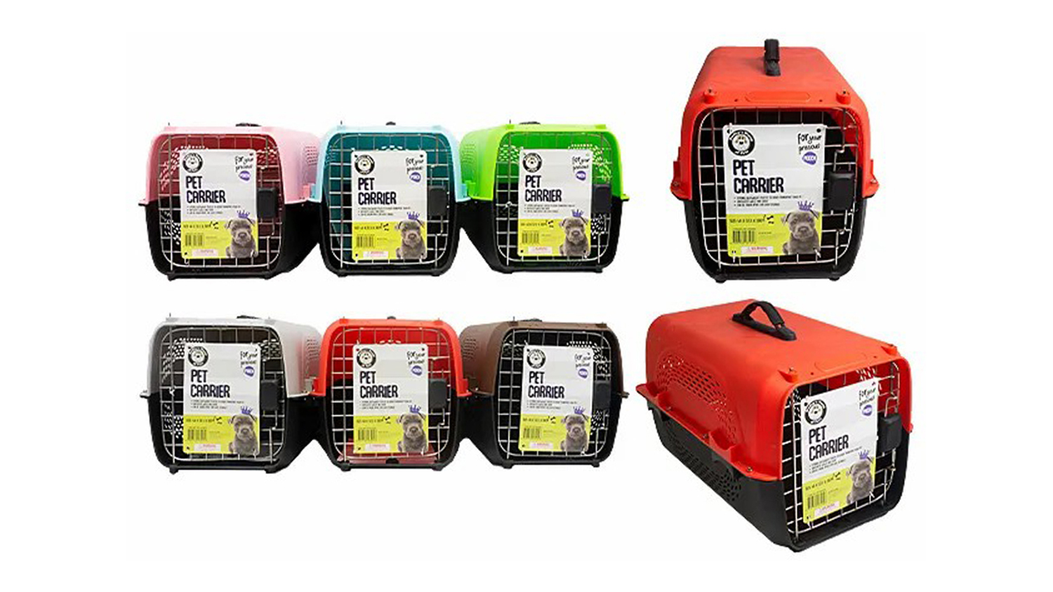 A front-angled pet carriers with different colours.