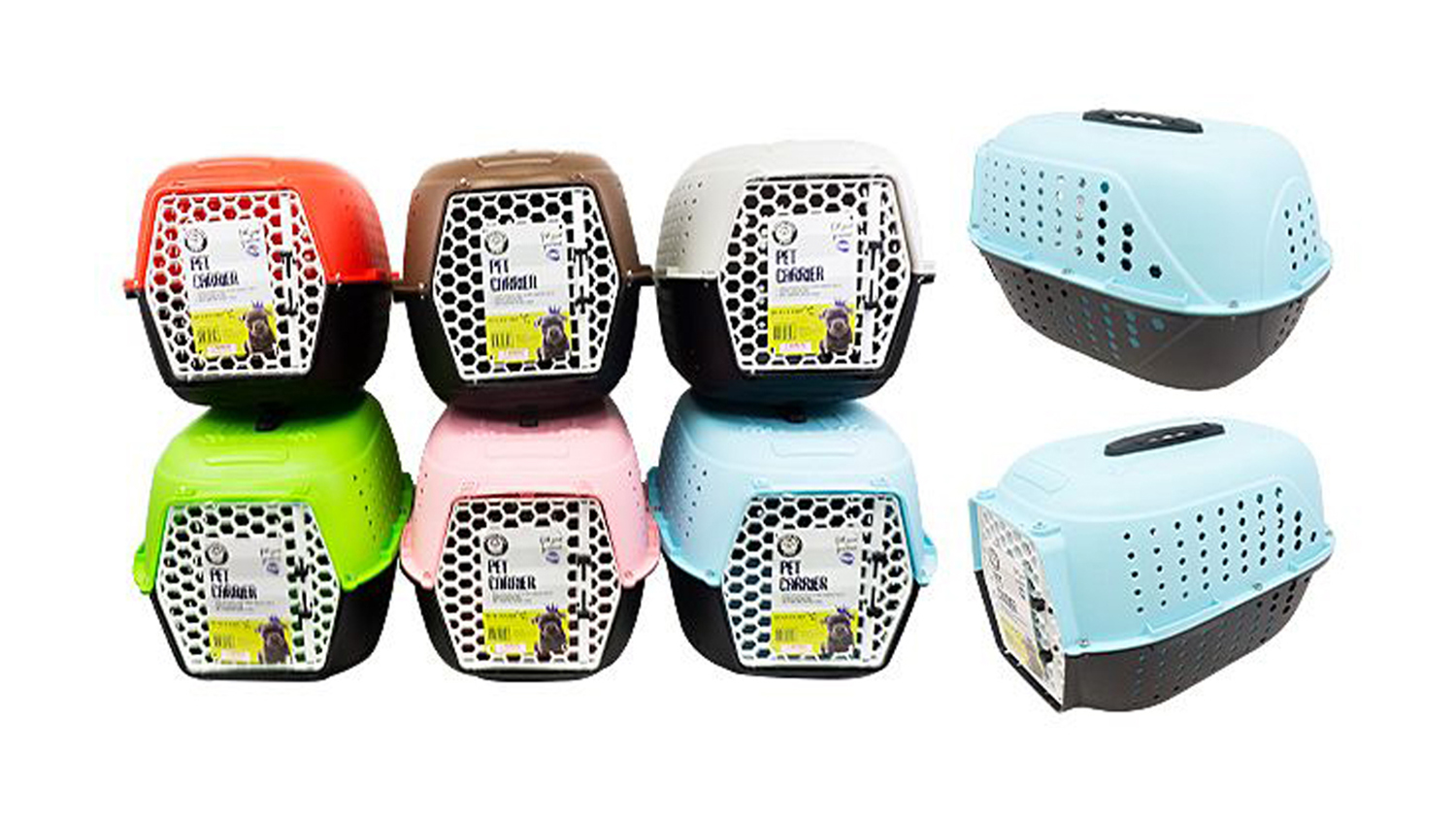 A front-angled pet carriers with different colours.