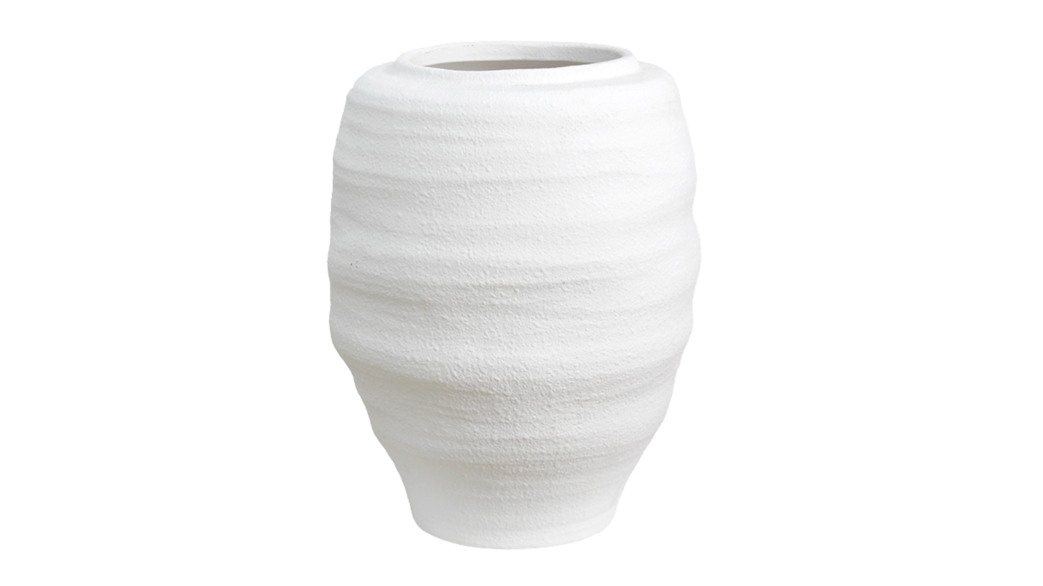 A white round vase with a gritty texture