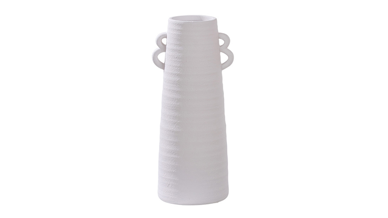 A tall, white ceramic round vase with small handles on each side