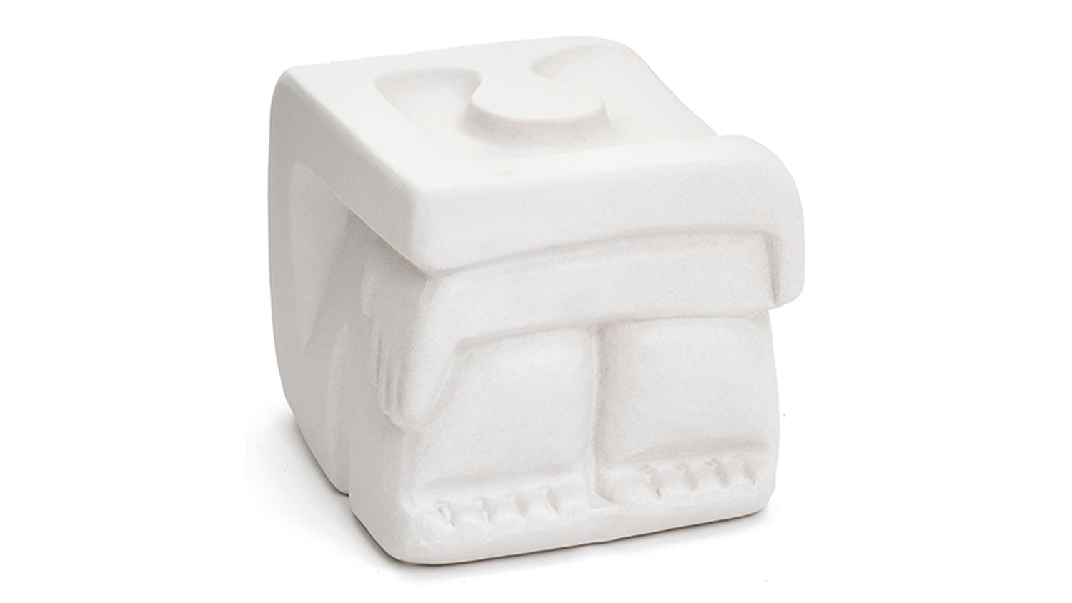 A detailed view of a white decorative figure resembling a crouching person with a cubic body