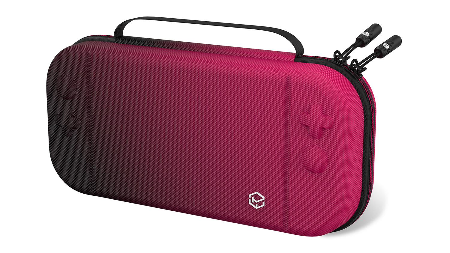 A protective carrying case for a handheld console with moulded buttons, a zipper closure, and a top handle.
