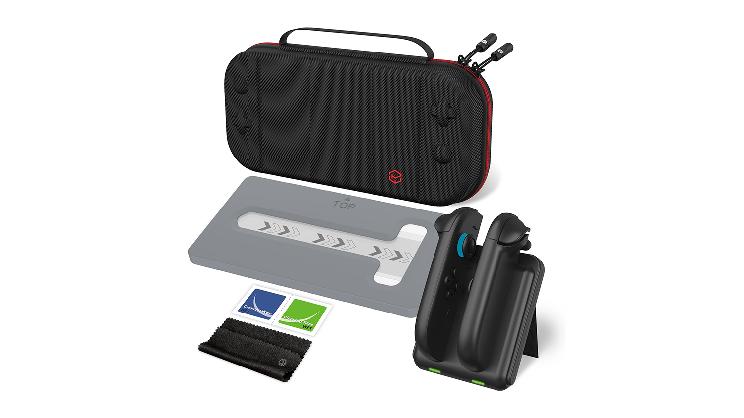 A black gaming kit with a case, a charging grip for two controllers, an alignment rail, screen protectors, and a cloth.