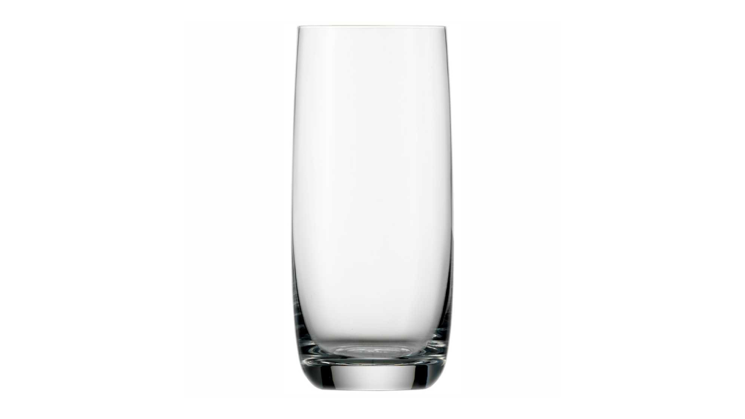 A clear, empty cylindrical glass with a slightly thicker base.