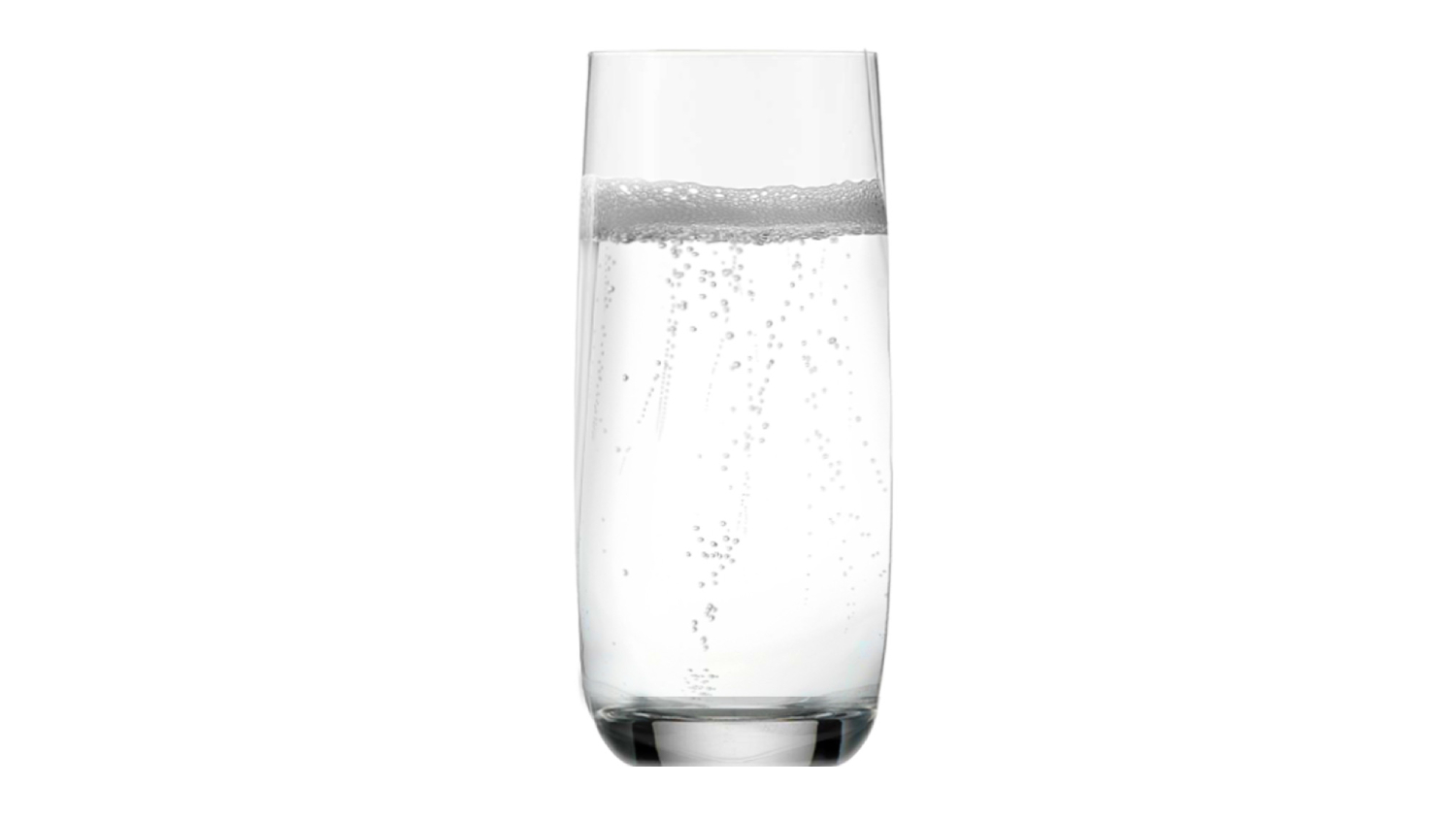 A tall cylindrical glass filled with sparkling water.