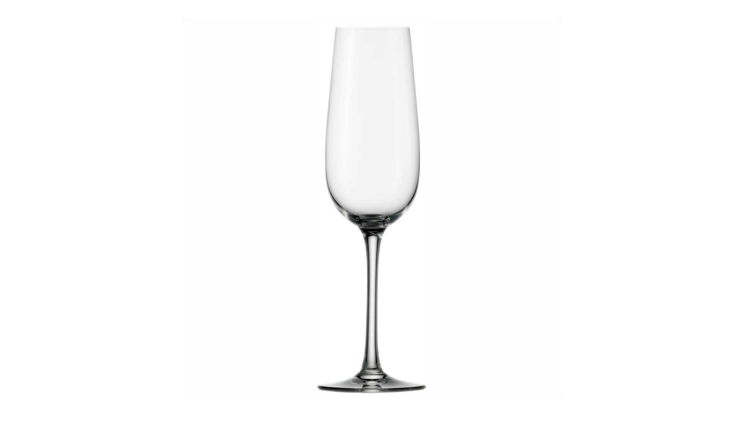 A clear, empty champagne flute with a long stem and wide base.