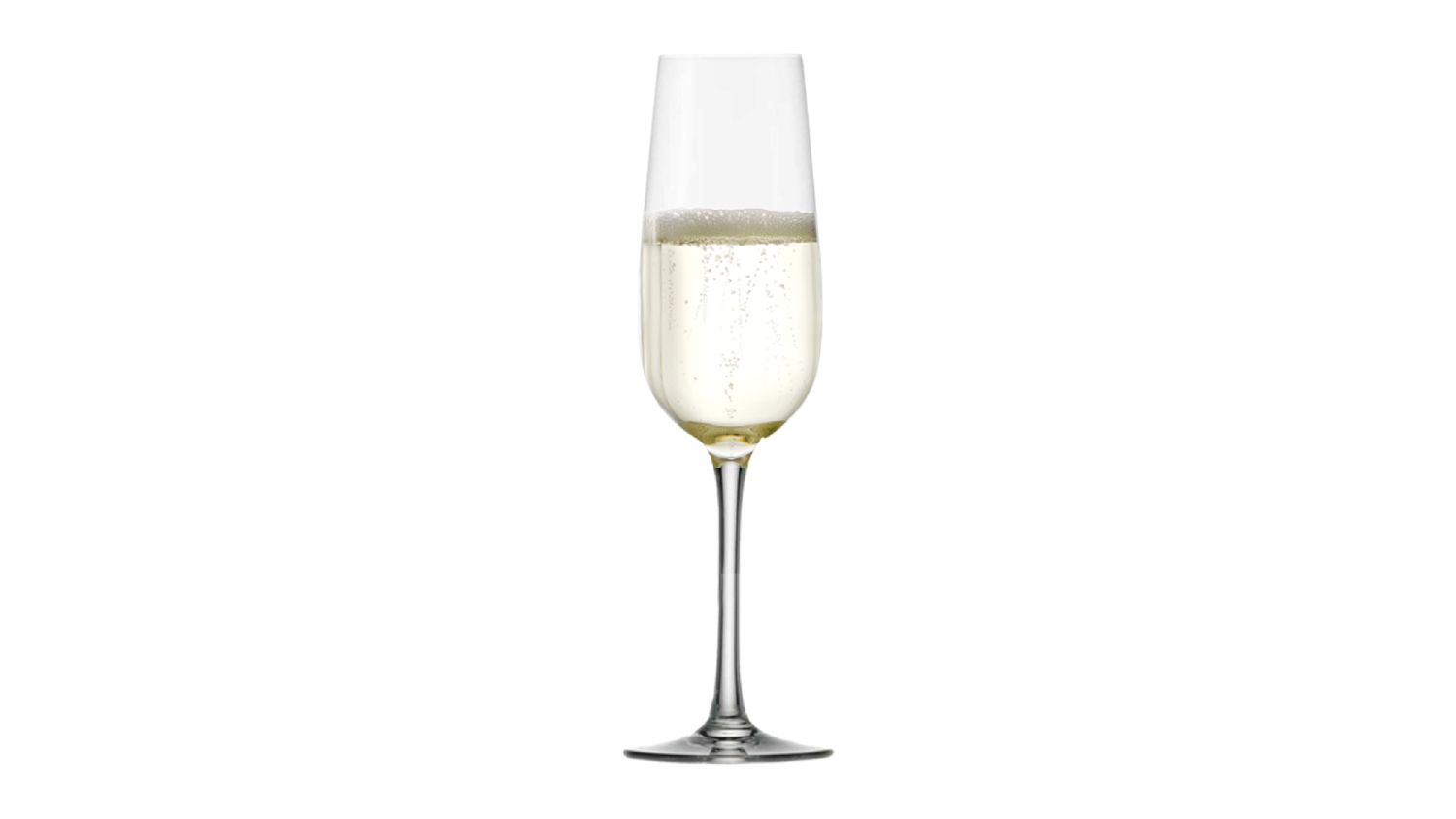 A champagne flute filled with pale yellow sparkling white wine.