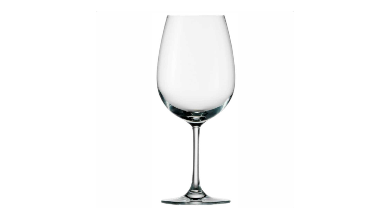 A clear, empty wine glass with a long stem and a wide bowl.