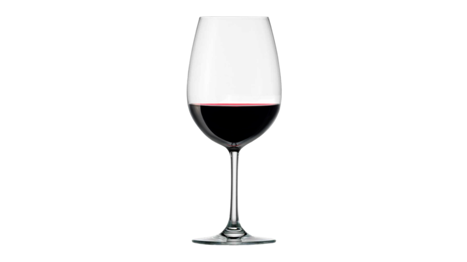 A wine glass filled with dark red wine.