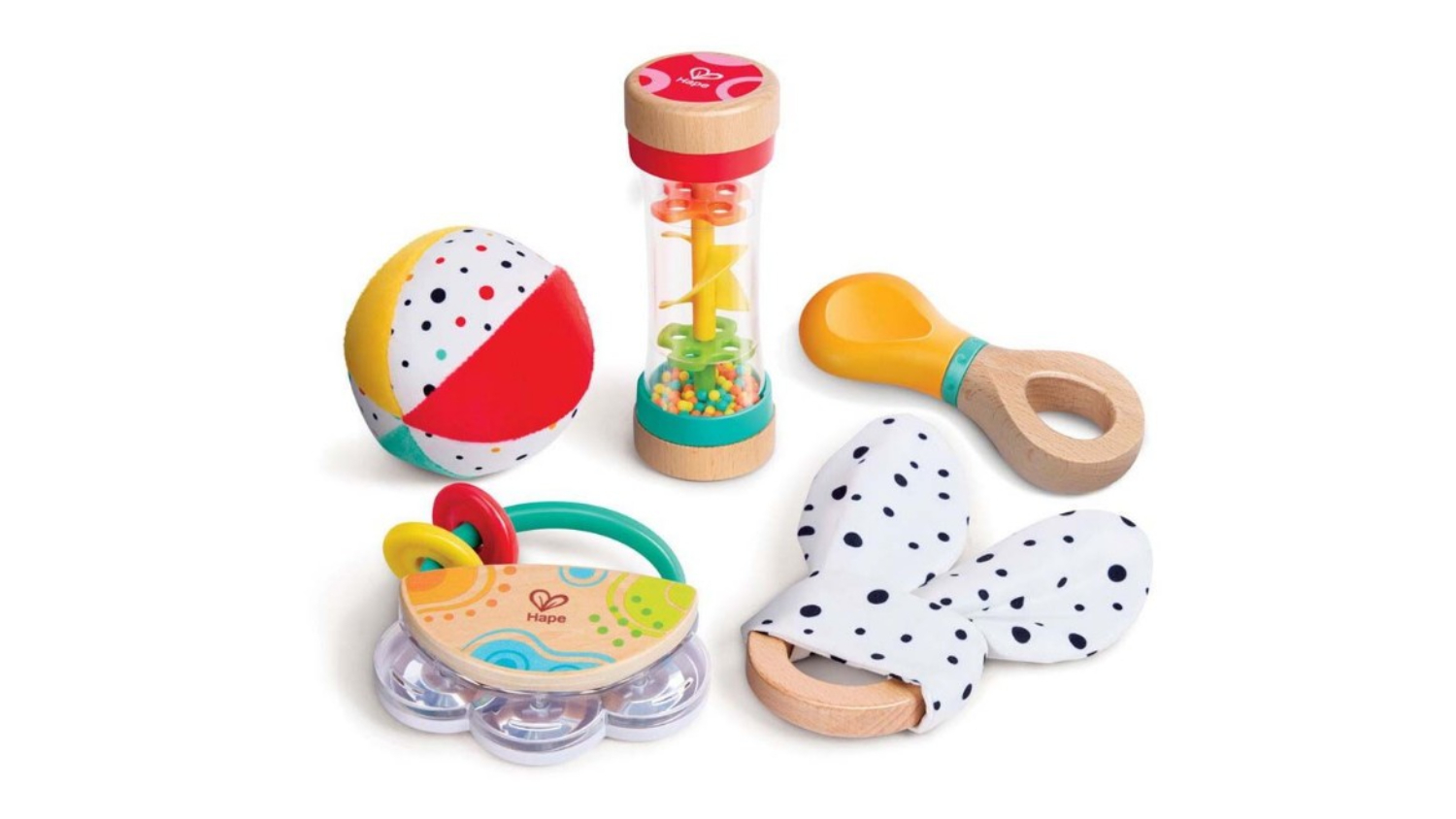 Five colourful baby toys are displayed on a white surface.