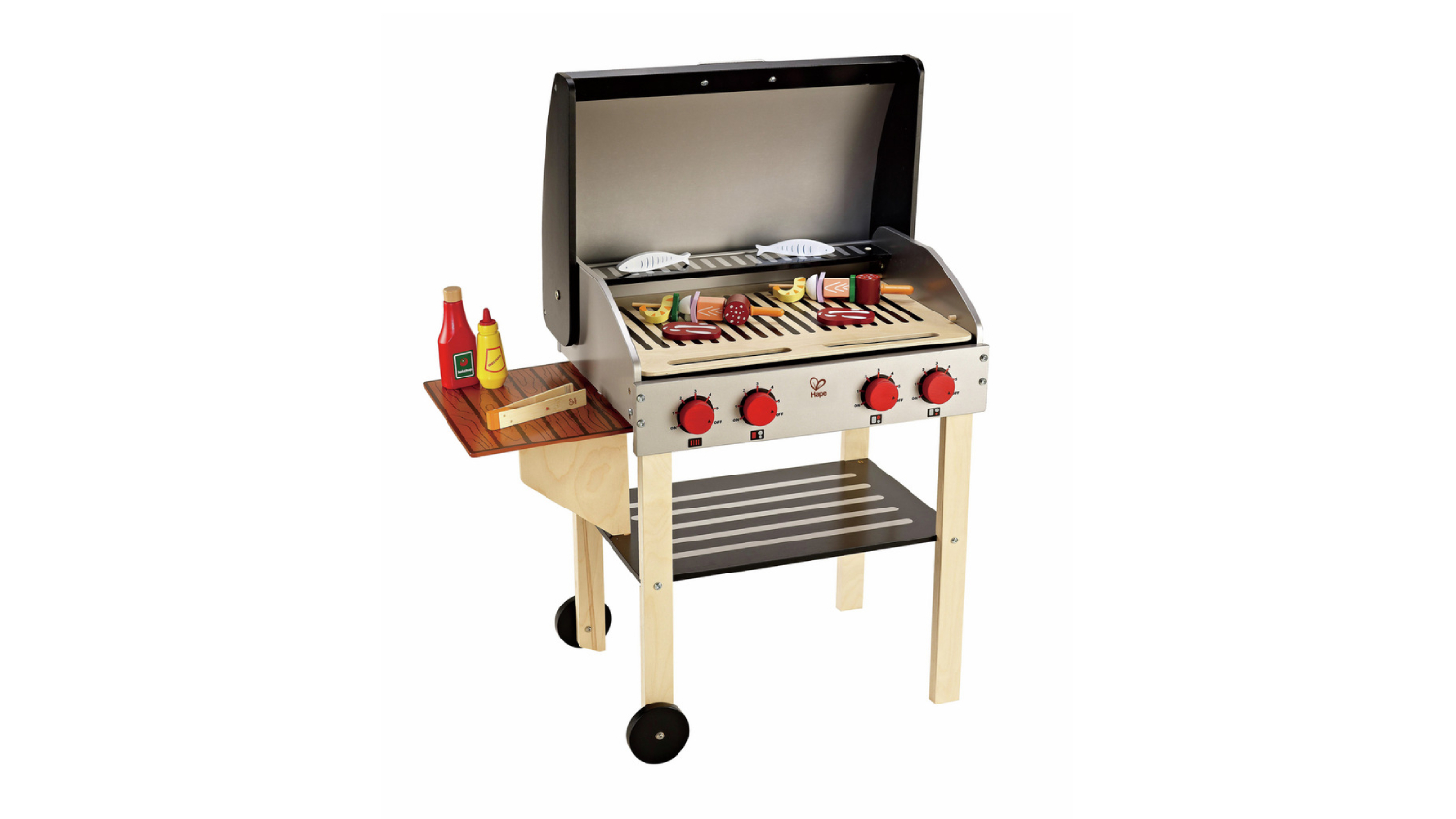 A grill set with a wooden frame and a metal grill surface.