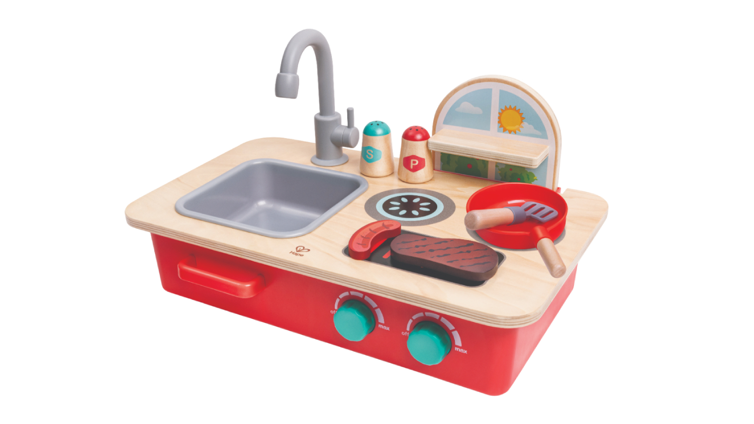 Toy kitchen playset with a red base and wooden countertop.