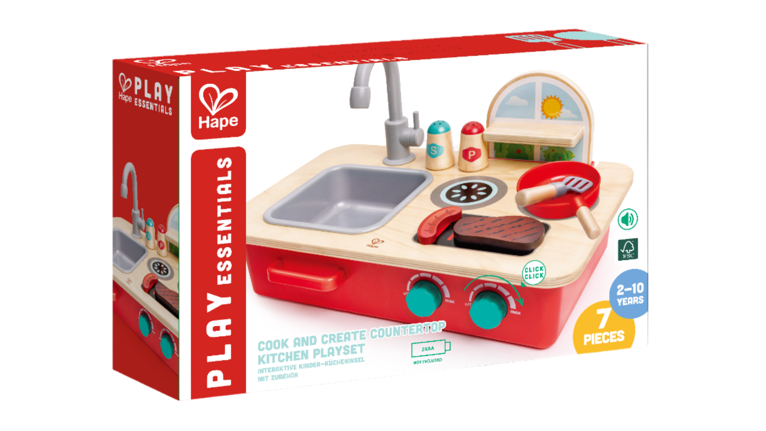 Box of Hape toy kitchen playset featuring a countertop with sink, faucet, stove, and accessories.