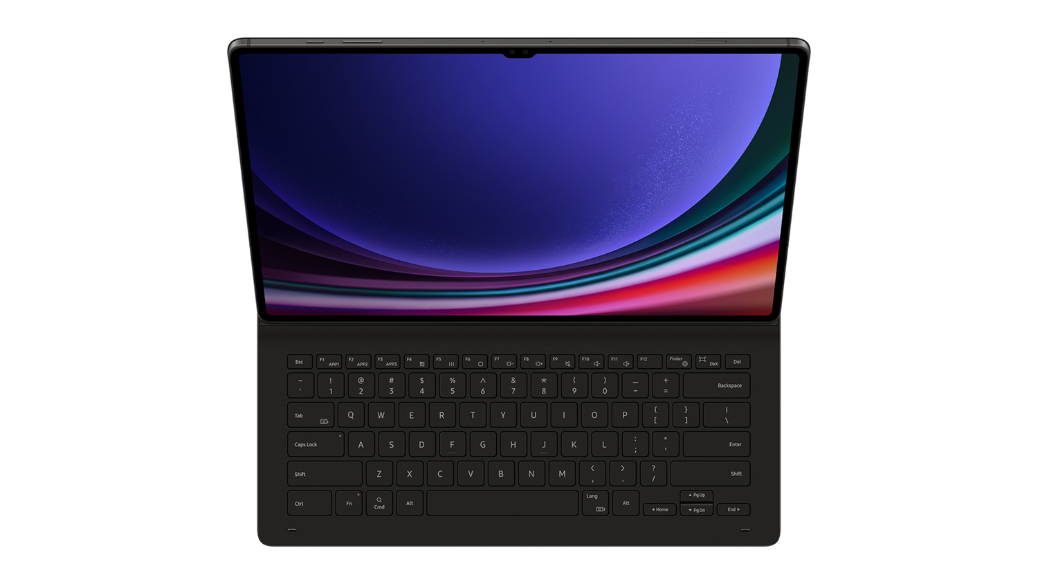 The front view of the Book Cover Keyboard Slim is shown attached to a tablet.