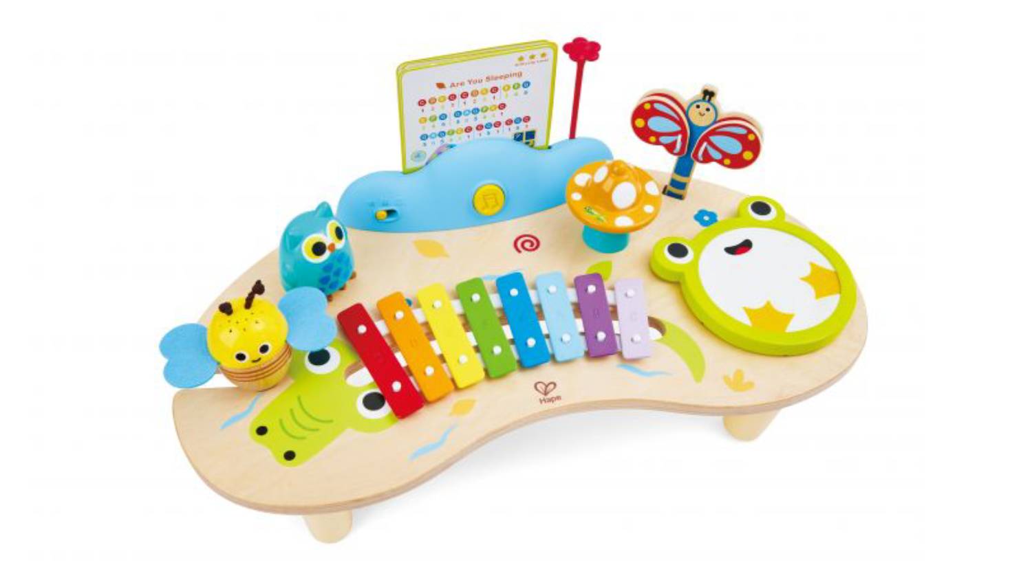 A colourful wooden children's toy with a rainbow xylophone, animal figures.