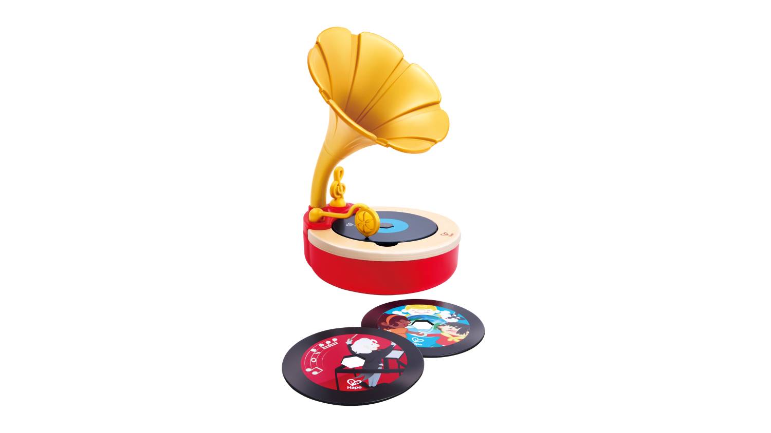 A toy phonograph with a large golden horn and red base, accompanied by two colourful discs.