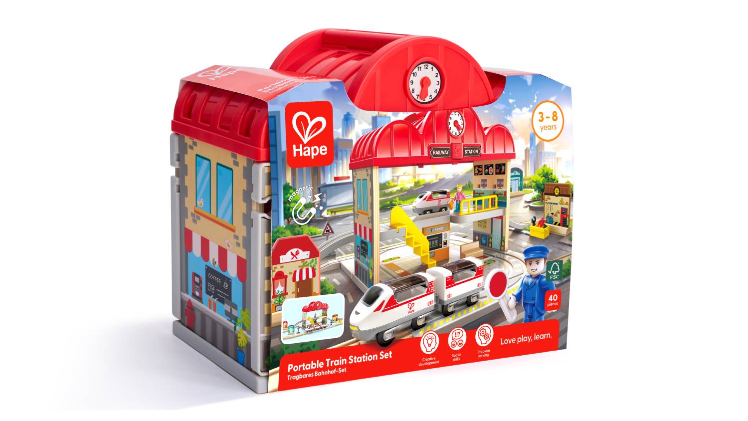 Product packaging for a railway station train set.