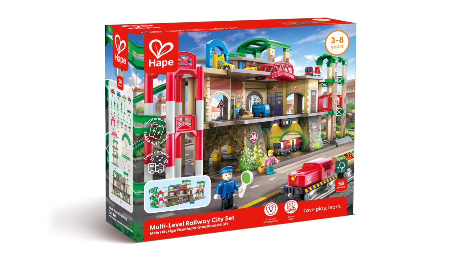 The red packaging displays the assembled train set.