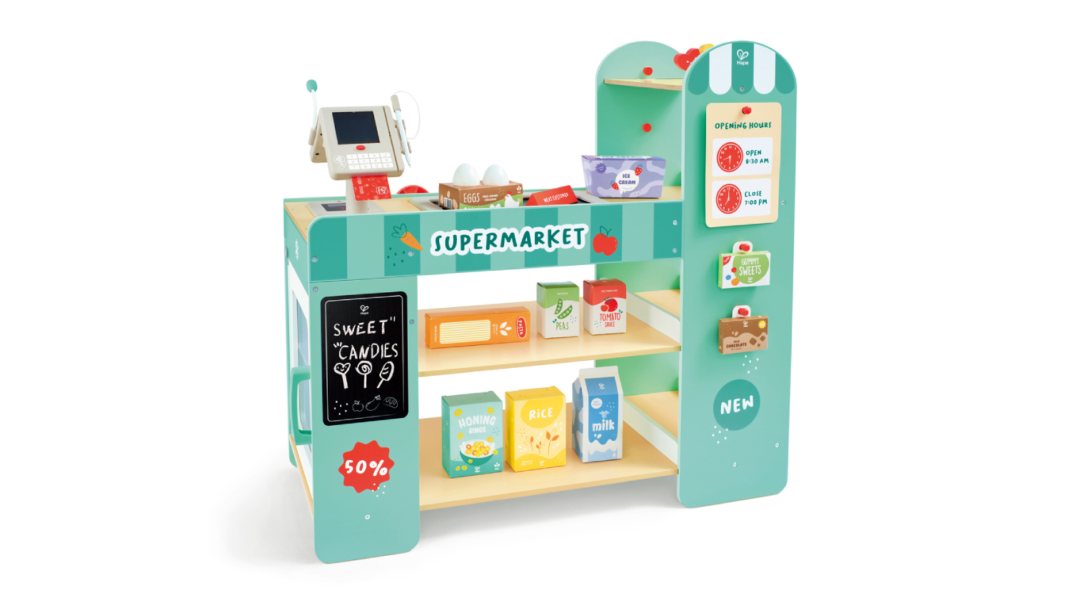 Toy supermarket playset featuring a cash register, shelves with pretend groceries.