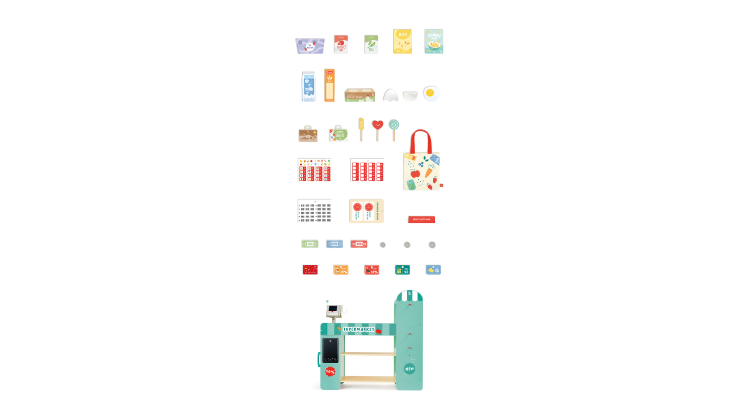 An image showing pretend food items like milk, juice, rice, cereal, vegetables, and eggs.