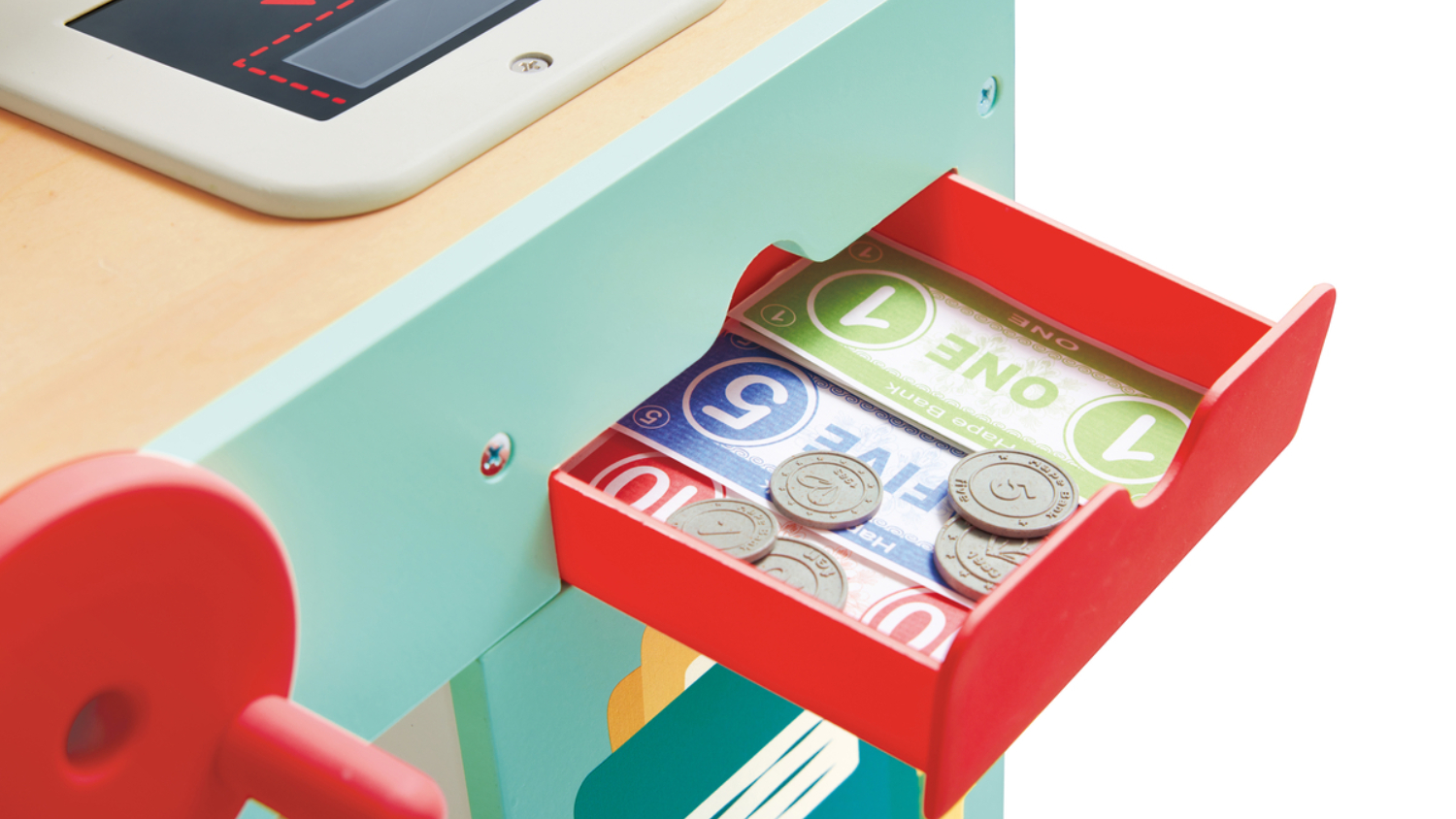 Toy cash register with an open red drawer containing colourful play money.