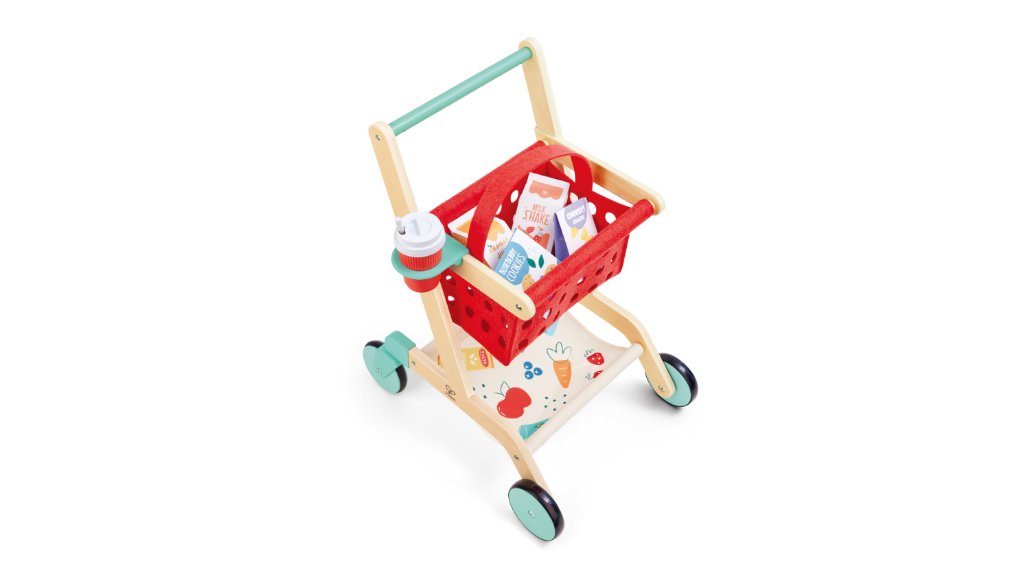 A wooden toy shopping cart with a red felt basket holding toy food items.