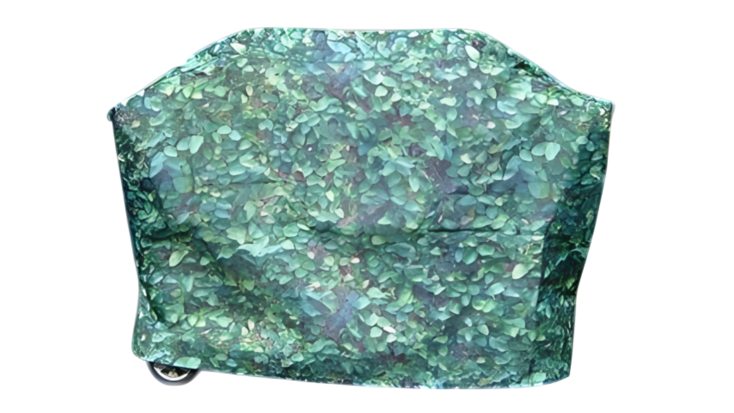 A barbecue grill covered with a fitted fabric featuring a leafy green camouflage pattern. 