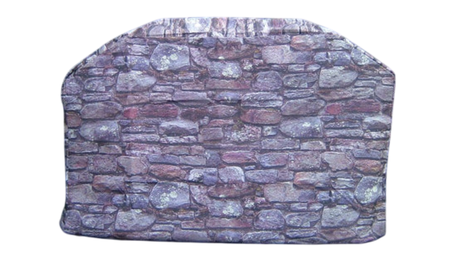 A rectangular cover with rounded top corners, featuring a printed pattern that resembles a stone wall. 