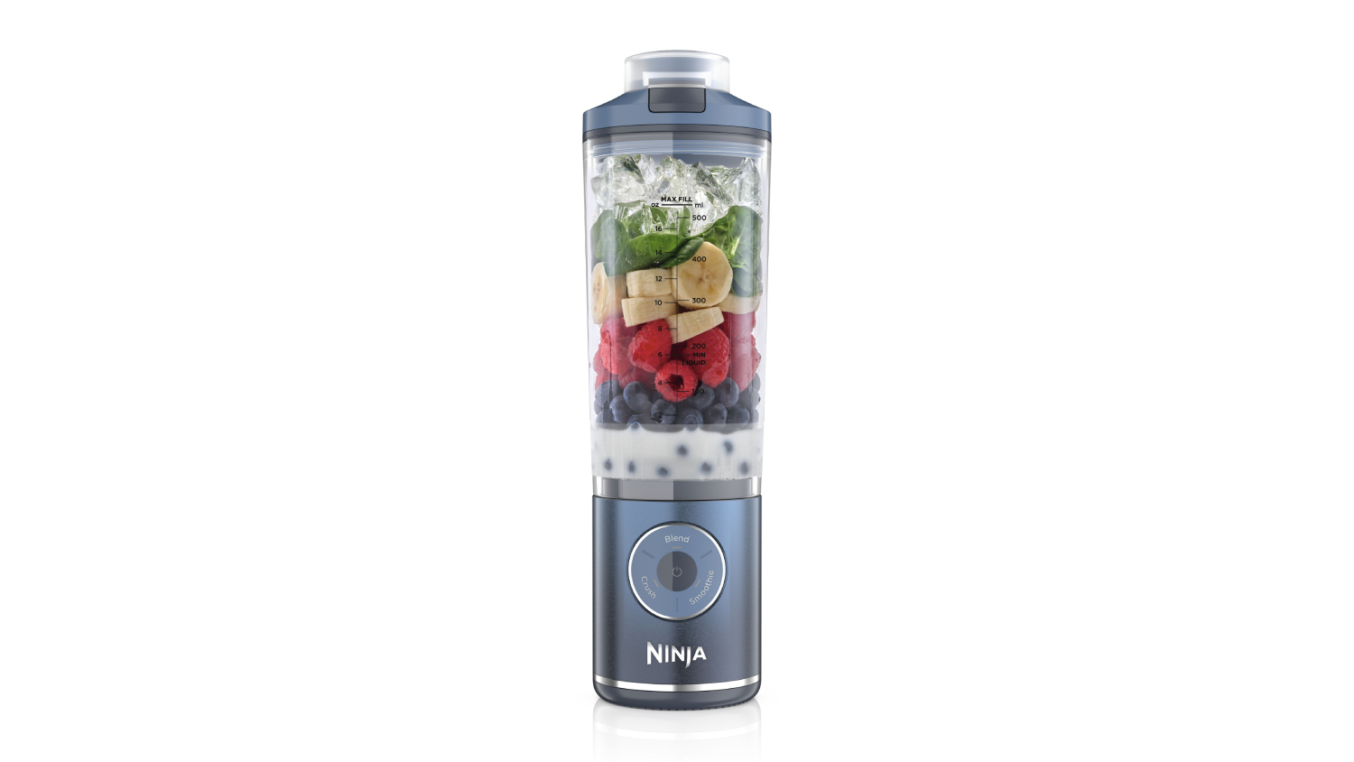 A front view of a Ninja blender filled with ingredients