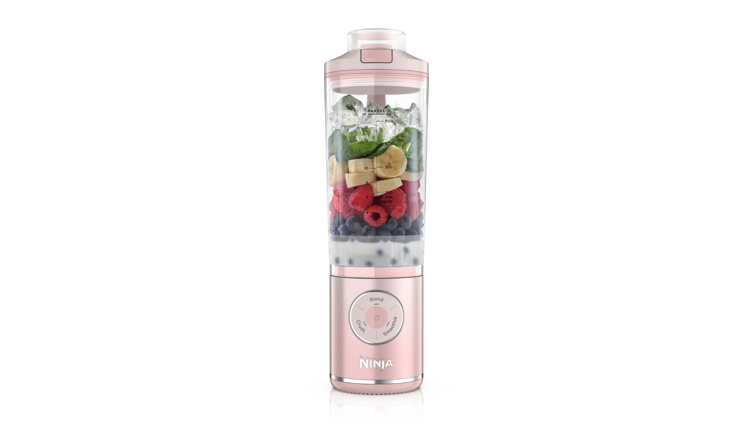 A front view of a Ninja blender filled with ingredients