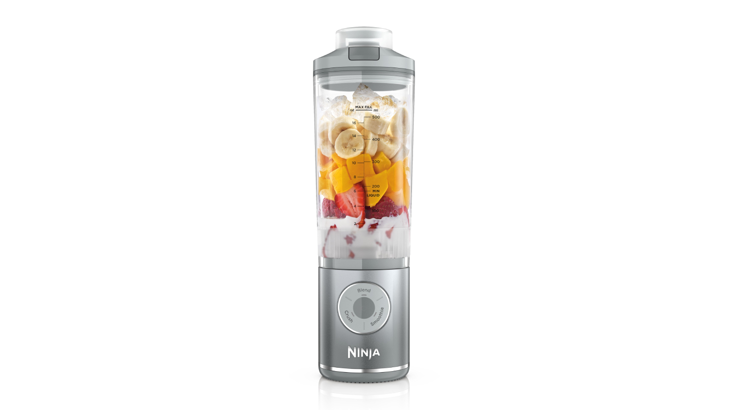 A front view of a Ninja blender filled with ingredients