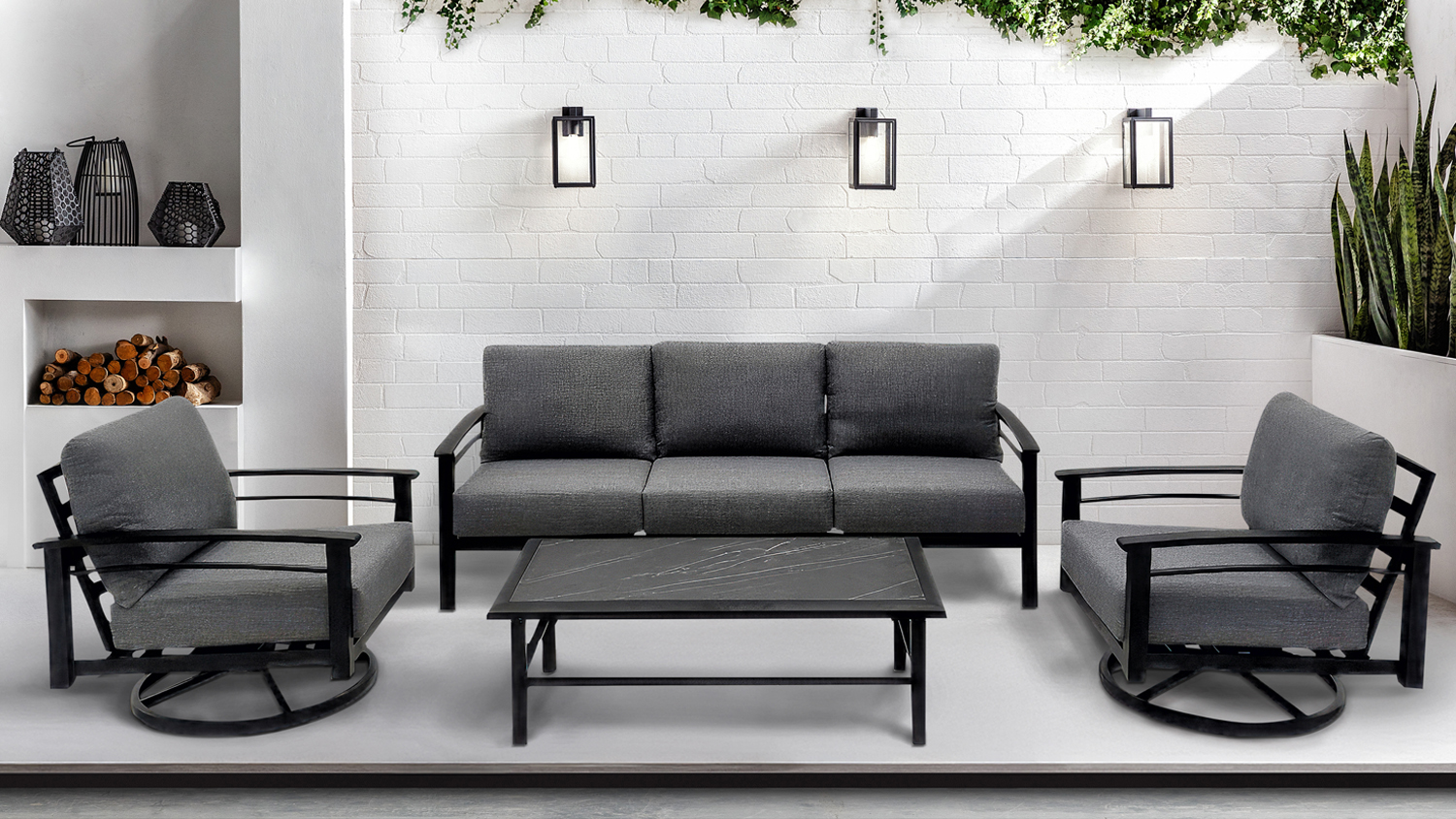 A 4-piece outdoor lounge suite shown from the front. The set includes a 3-seater sofa, 2 armchairs, and a coffee table.