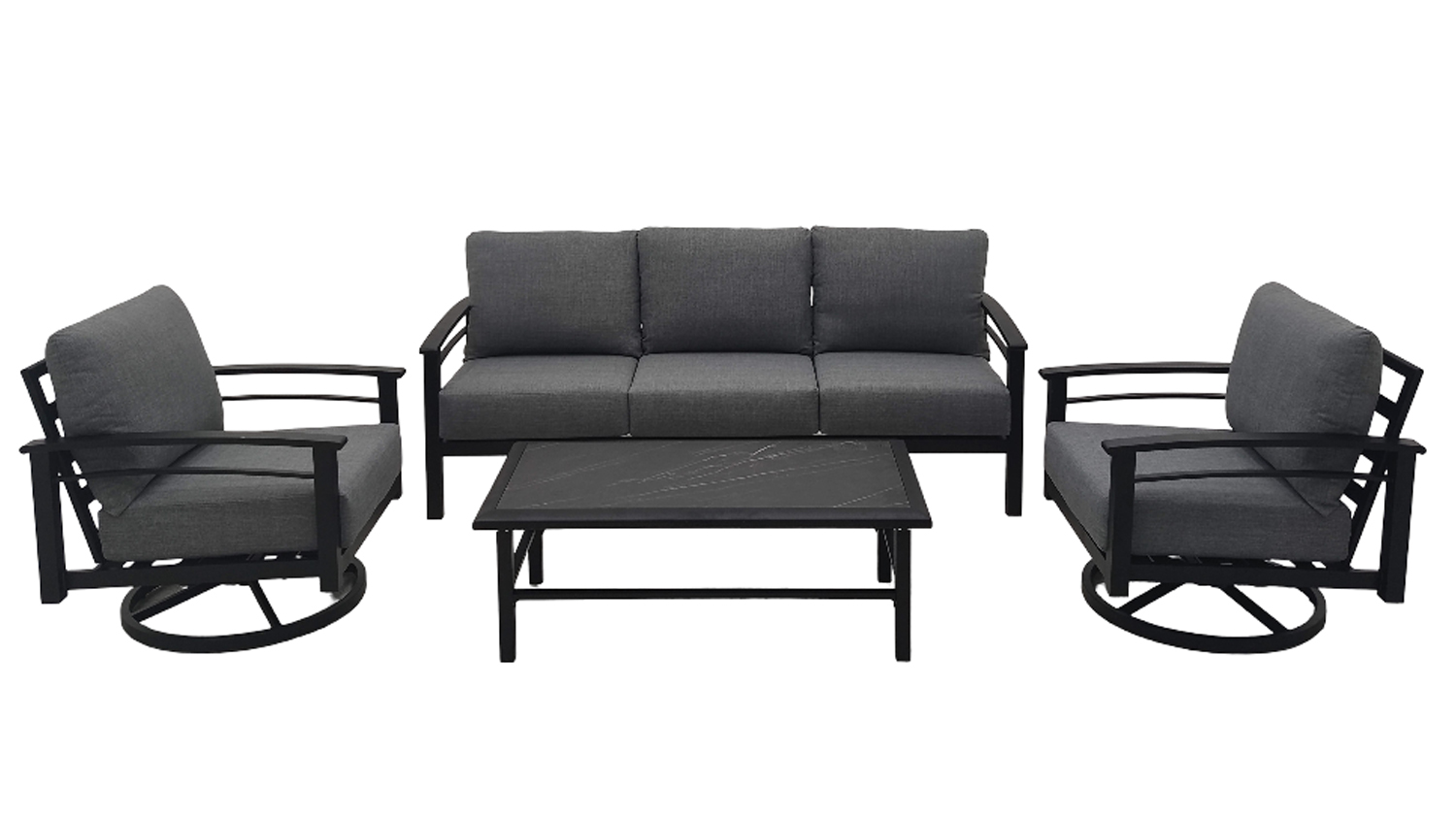 A three-seater outdoor sofa and a rectangular coffee table.