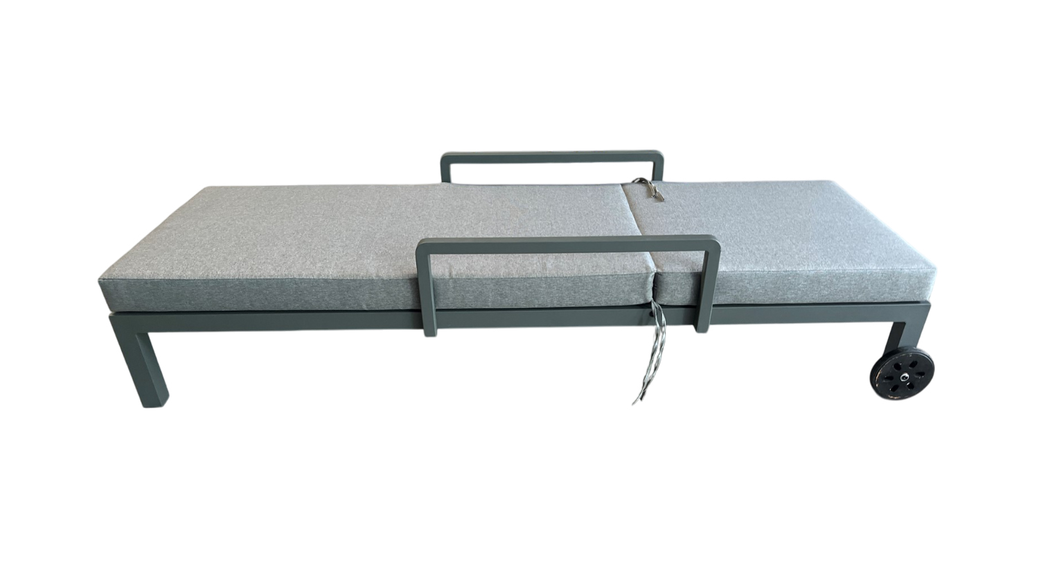 An outdoor sun lounger with a black frame and gray cushion.