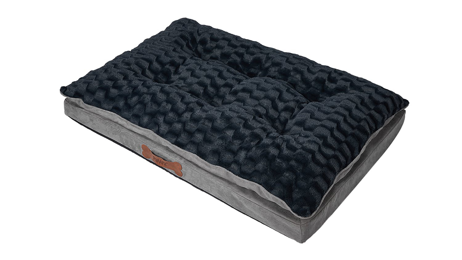 A rectangular plush dog bed with a textured dark blue top and smooth grey base.