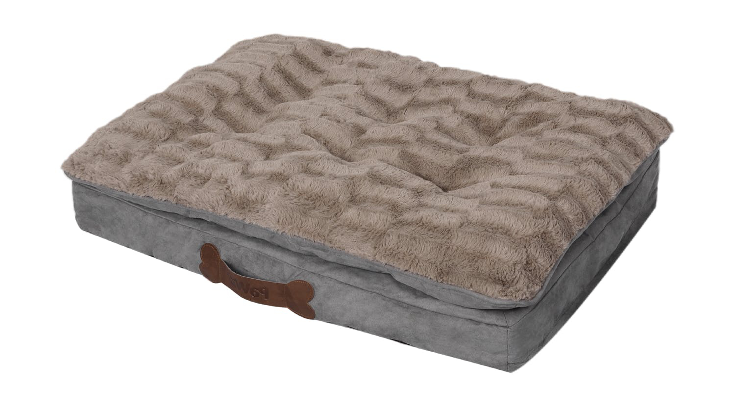 A rectangular plush dog bed with a textured light brown top and smooth grey base.