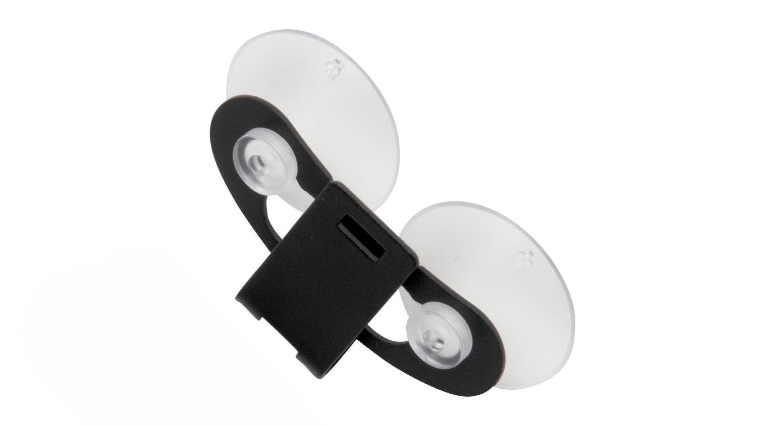 A black plastic clip with two transparent suction cups attached on either side.