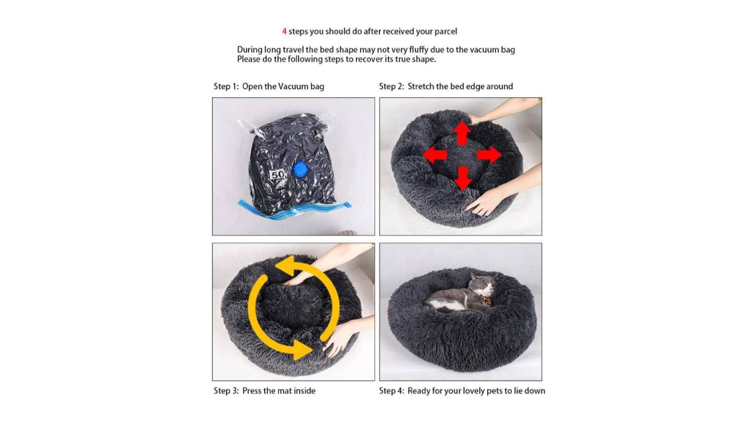 A four-step guide illustrates how to restore the pet bed’s shape after being vacuum-packed.
