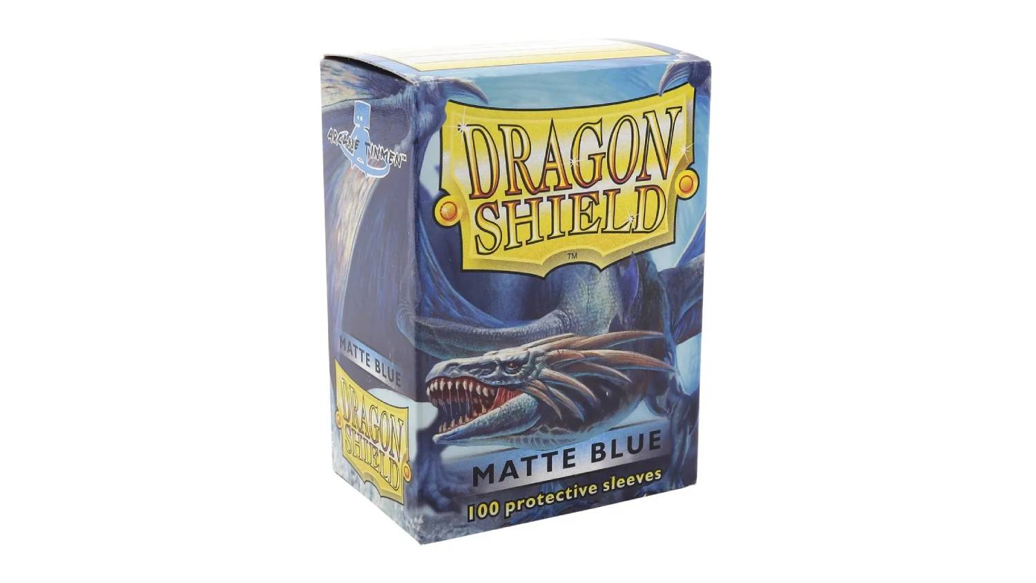 A box containing 100 Dragon Shield protective card sleeves, in matte blue colour.