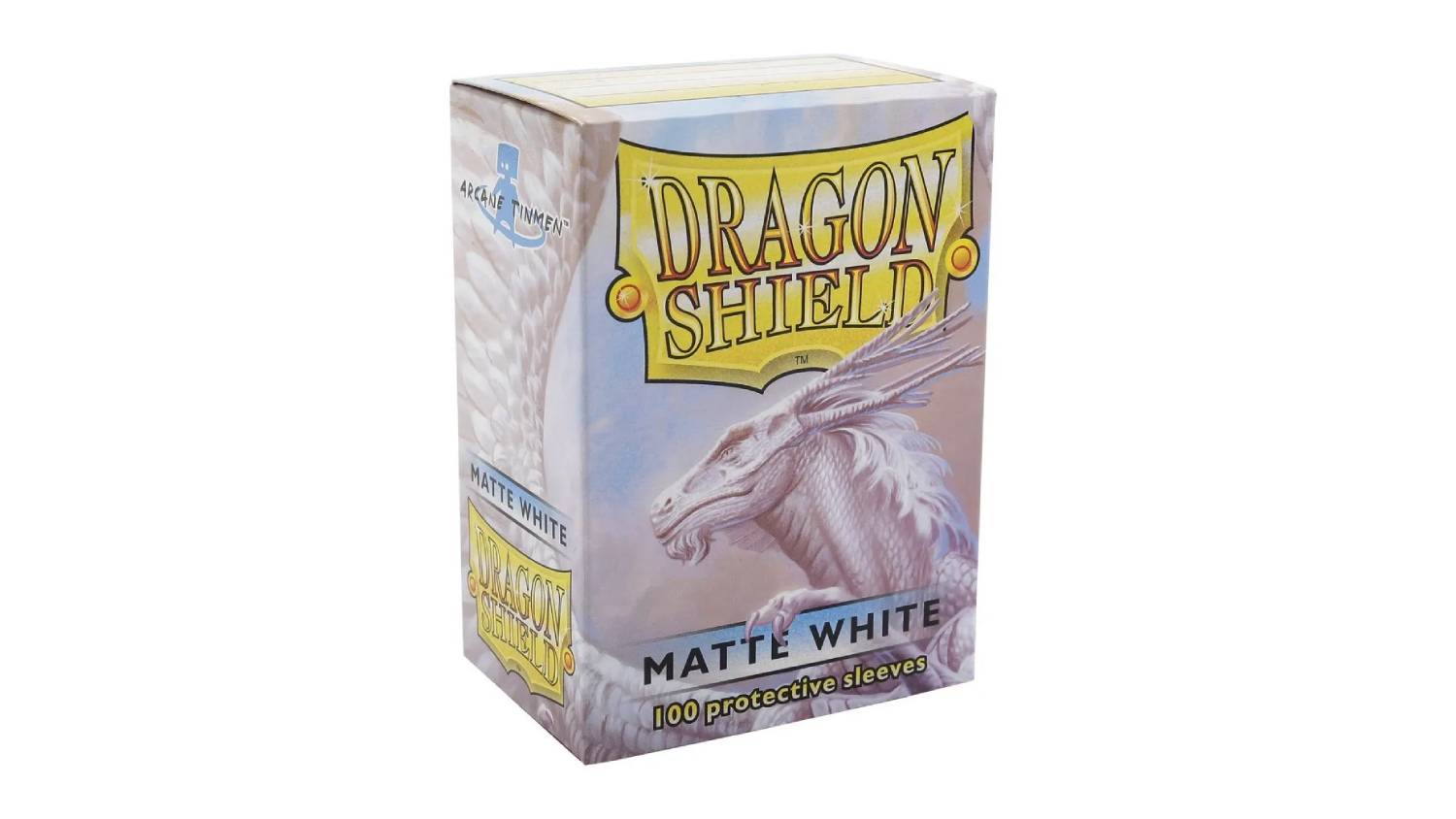 A box containing 100 Dragon Shield protective card sleeves, in matte white colour.