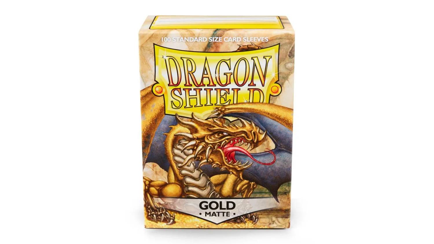 A box containing 100 Dragon Shield protective card sleeves in matte gold colour.