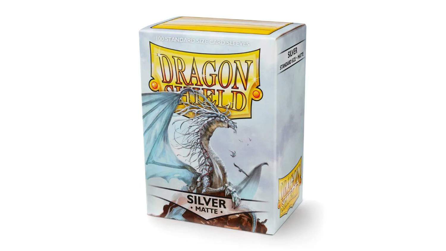 A box containing 100 Dragon Shield protective card sleeves in matte silver colour.