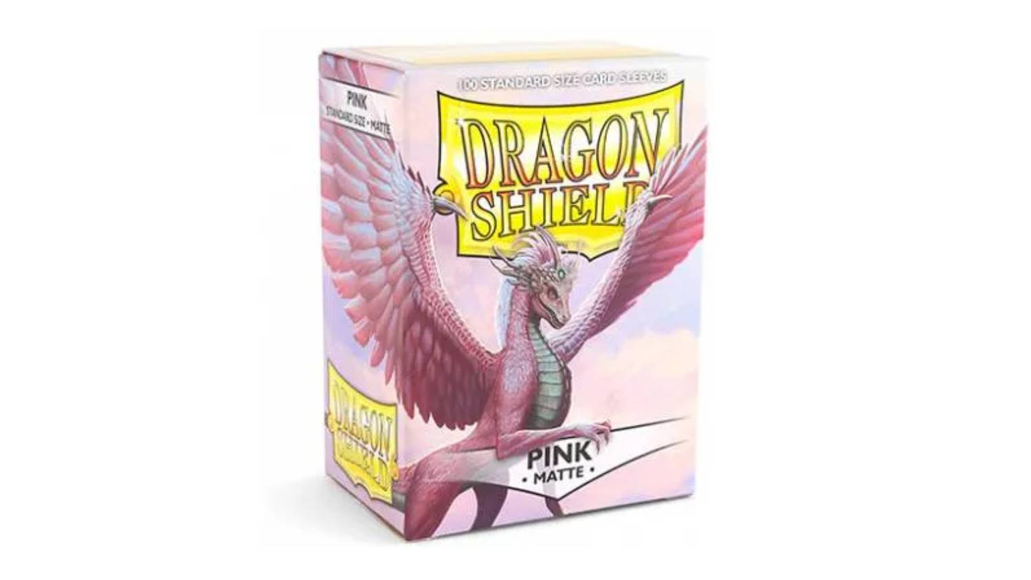A box containing 100 Dragon Shield protective card sleeves in matte pink colour.